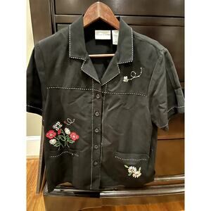 Vintage Alfred Dunner Size 10 Black Button Up Top Embroidered Details Flowers